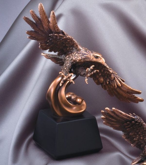 Bronze eagle statue soaring through air, mounted on black base, RFB137 is 12" x 12.5" Size, Weighs 3.75 lbs.