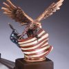 Bronze eagle statue with American flag, mounted on wood base, RFB138 is 10" x 12" Size, Weighs 5.5 lbs.