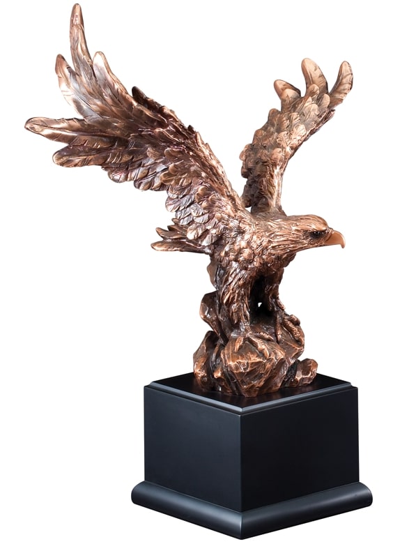 Bronze eagle statue with wings spread mounted on a black base, RFB148 is 11" tall, Weighs 4.5 lbs.