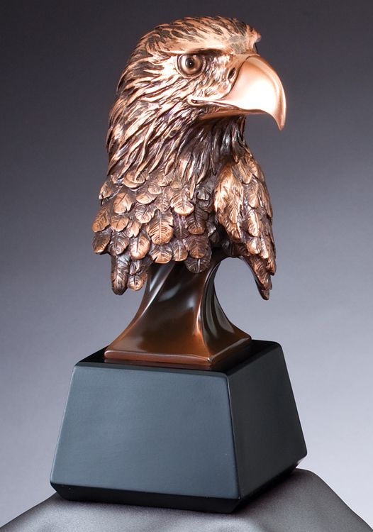 Bronze eagle head statue on black base, RFB535 is 8" tall, Weighs 2.5 lbs