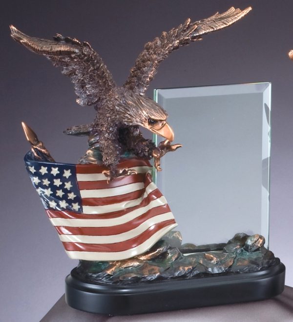 Bronze eagle statue with American Flag with glass engraving plate, RFB805 is 8" x 10" Size, Weighs 5.1 lbs.