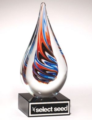 Glass teardrop with blue, orange & black colors inside, Mounted on black glass base, 1625 is 7.5" tall, Weighs 3.65 lbs.