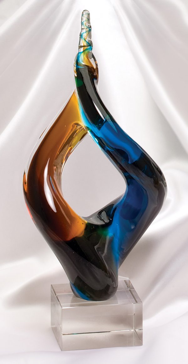 Glass sculpture of two pieces of glass uniting, GLSC9 is 12.5" tall, Weighs 7.5 lbs