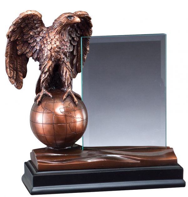 Bronze eagle on top of bronze globe with glass engraving plate, RFB157 is 8" tall, Weighs 4.3 lbs.