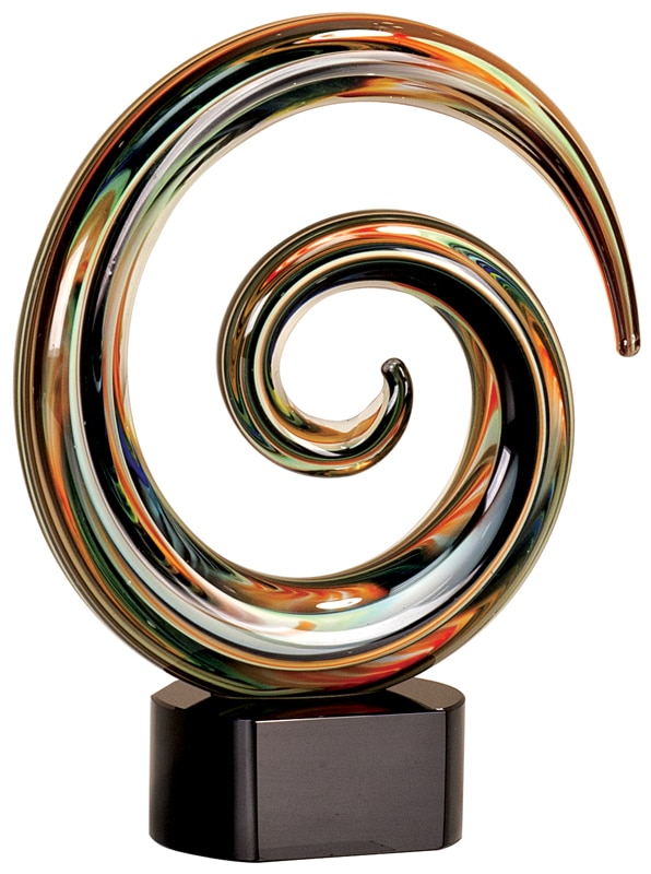 Swirl Glass Art Award with multiple colors throughout, Mounted on black glass base, AGS24 is 9.25" tall, Weighs 5.3 lbs.