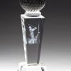 A golf trophy featuring a solid crystal golf ball at the top, a laser engraved 3D golfer swinging his club in the middle & a clear crystal base at the bottom.