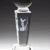 A golf trophy featuring a solid crystal golf ball at the top, a laser engraved 3D golfer swinging his club in the middle & a clear crystal base at the bottom.