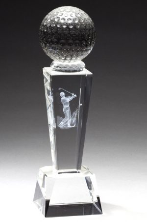 A golf trophy featuring a solid crystal golf ball at the top, a laser engraved 3D golfer swinging his club in the middle & a clear crystal base at the bottom.