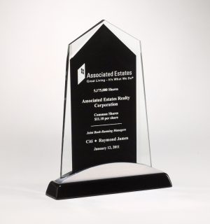 Black & Silver Glass Award, Tower shaped piece of glass with black area for engraving mounted on black & silver base