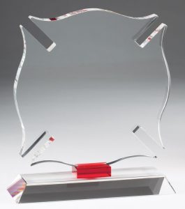 A firefighter Maltese cross made entirely of clear crystal. It's connected to the clear crystal base by a piece of red crystal. The crystal Maltese cross is blank, but it's intention is to be engraved as a recognition award for a firefighter.