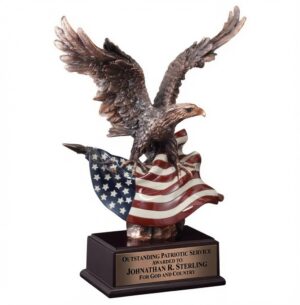 A majestic bronze-finished bald eagle statue with wings spread wide, clutching a flowing American flag in its talons. The detailed sculpture is mounted on a dark wood base with a gold engraving plate that reads 'OUTSTANDING PATRIOTIC SERVICE AWARDED TO JONATHAN R. STERLING FOR GOD AND COUNTRY.