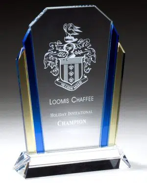 Shield shaped piece of glass with blue & gold accents on the side, GL63 GL64 GL65 Blue & Gold Glass Award