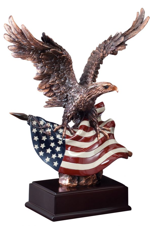 Bronze eagle statue holding American flag mounted on dark wood base, RFB110 is 10.25" tall, Weighs 3 lbs