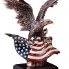 Bronze eagle statue holding American flag mounted on dark wood base, RFB112 is 14.5" tall, Weighs 8 lbs