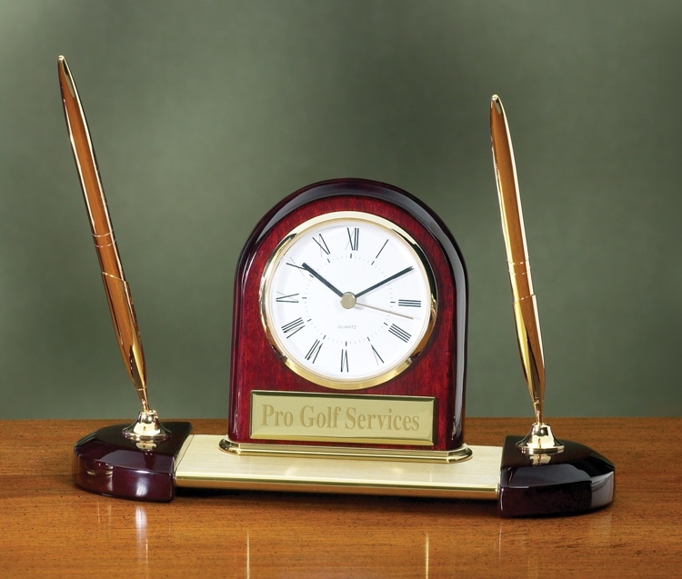 Rosewood Desk Set with Pen and Clock 
