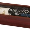 A rosewood finished wine box with an acrylic lid for personalization. It easily slides in and out with the use of a finger hole at one end. The inside of the box is lined with black satin & it holds a bottle of Robert Mondavai wine.