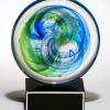 Blank 2107 Glass Art, round glass disk with blue & green colors mounted on a black glass base