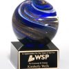 2123 Globe Art Glass Award, Glass sphere with blue & gold colors throughout mounted on a black glass base