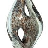 Twisting spire piece of glass art with silver & copper colors, mounted on black glass base, AGS14 is 15.25" tall, Weighs 8 lbs