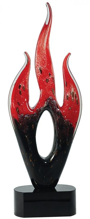 Fire flame shaped art glass piece with red colors fading to black, mounted on a black glass base, AGS15, 16.5" tall