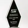 Beveled Black Glass Trophy G2432, Arrow shaped glass piece with black area for engraving on a silver metal base