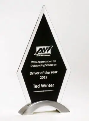 Beveled Black Glass Trophy G2432, Arrow shaped glass piece with black area for engraving on a silver metal base