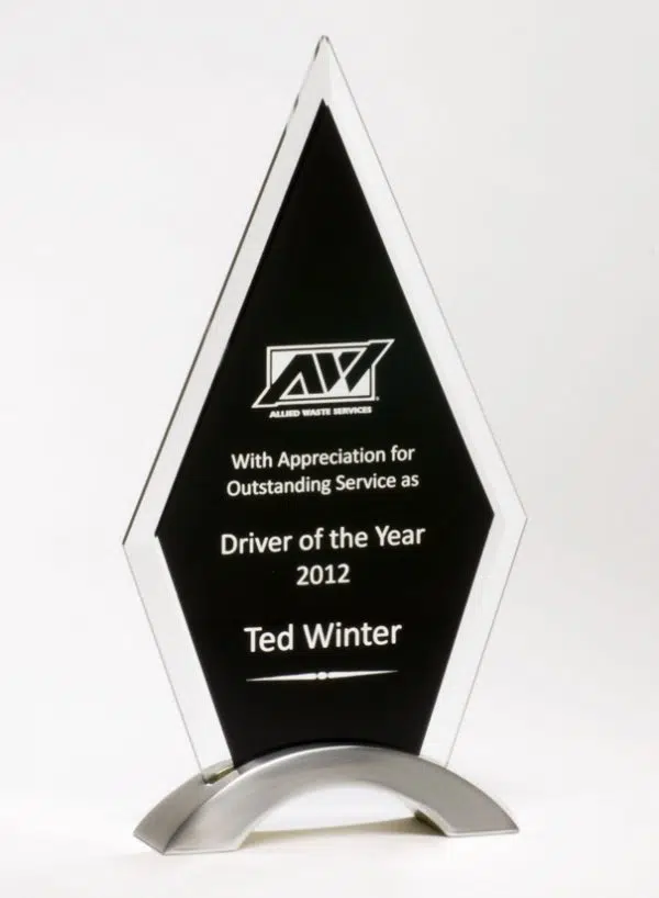 Beveled Black Glass Trophy G2432, Arrow shaped glass piece with black area for engraving on a silver metal base