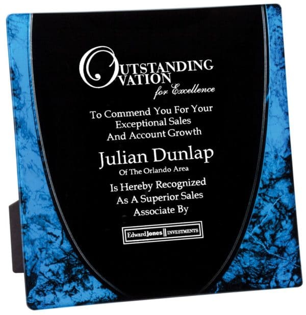 A square glass tray award with blue accents on the outside & a black area for engraving on the inside.