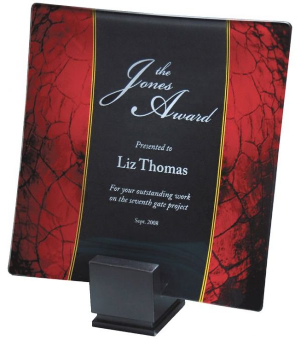 Glass tray with black area for engraving & red accents on side, black wood stand, DTGL8 is 8" x 8", DTGL9 is 10" x 10"