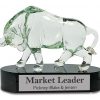 Solid glass bull sculpture mounted on a black glass base with an engraving plate, AGGS20, 8"x10" Size, Weighs 14 lbs