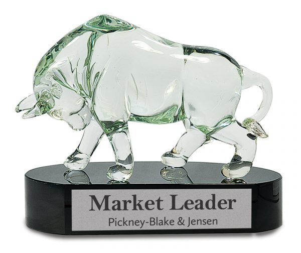 Solid glass bull sculpture mounted on a black glass base with an engraving plate, AGGS20, 8"x10" Size, Weighs 14 lbs