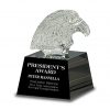 Clear crystal eagle head mounted on a black crystal base with engraving, CRY322 is 5.75" tall, Weighs 4 lbs.