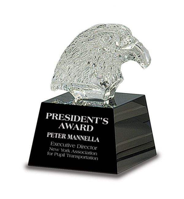 Clear crystal eagle head mounted on a black crystal base with engraving, CRY322 is 5.75" tall, Weighs 4 lbs.