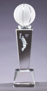 A crystal basketball trophy with a frosted, solid crystal basketball at the top, a 3-D male player in the middle and a clear crystal base that includes an engraving plate for personalization.
