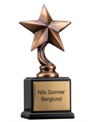 Military Star Trophy RFB012 - Elegant bronze five-pointed star mounted on a swirling bronze base atop a black pedestal with a gold engraving plate. This 3" x 7.5" military recognition trophy honors service, bravery, and achievement. Perfect for personalized awards, retirements, and veteran gifts with free laser engraving.