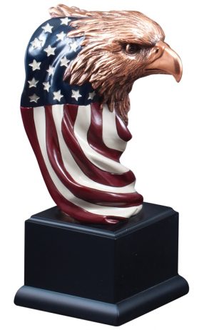 Bronze eagle statue draped in the American Flag, mounted on a black base, RFB151 is 9.5" tall, weighs 3.5 lbs.