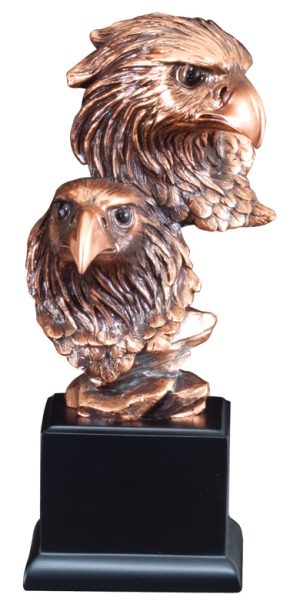 Two bronze eagle heads mounted on a black base, RFB152 is 10" tall, Weighs 3 lbs.