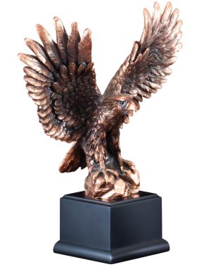 Bronze eagle statue with wings spread, mounted on black base, RFB159 is 4.5", RFB160 is 9.5", RFB161 is 12" tall