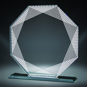 Our Rayado Octagon Glass Award features an octagon shaped piece of glass with a festively decorated border and a middle for laser engraving personalization. It's mounted on a clear glass base for stability. This is the 76706 and it is 6.5" x 6" in size.