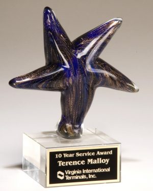 Artistic glass starfish with blue & metallic gold colors, mounted on glass base, 2199, 6.75" tall, weighs 3 lbs