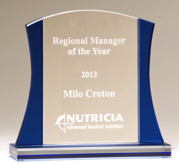 Arched piece of glass with clear middle & blue accents on the side, G2633 G2634 G2635 Blue Arch Glass Award
