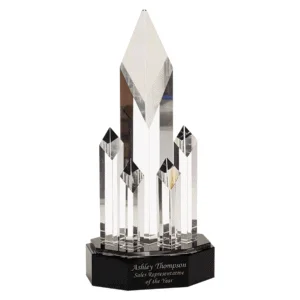 Our Rising Diamonds Crystal Trophy featured 5 rising diamonds that are mounted on a black crystal base. The CRY6924M comes in a satin lined deluxe gift box.
