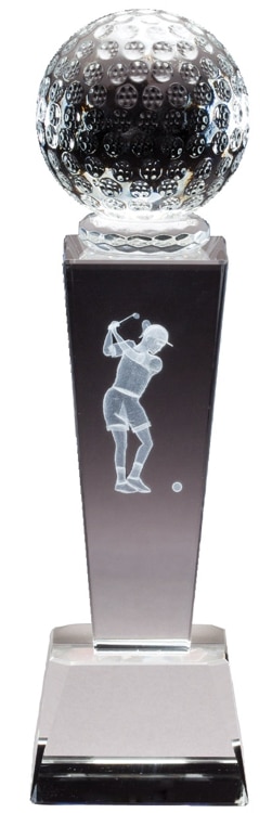 A crystal trophy with a solid crystal golf ball at the top, a middle section with a laser engraved 3D female golfer and a clear crystal base.