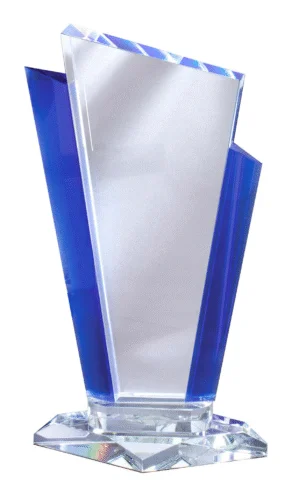 Our Peerless Glass TrophyOur Peerless Glass Trophy features a unique cut of clear glass for laser engraving personalization with blue accents on each side, all mounted on a clear glass diamond shaped base. There are three sizes for this award. The GL123 Which is 8.25" tall. The GL124 which is 8.75" tall and the GL125 which is 10" tall. This award comes in a satin lined deluxe gift box.