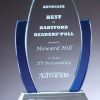 Presentation Glass Award with clear area for engraving & blue accents on side, 3 sizes to choose from, packaged in deluxe gift box