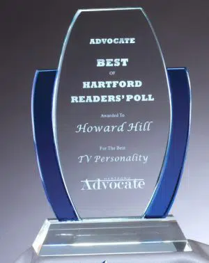 Presentation Glass Award with clear area for engraving & blue accents on side, 3 sizes to choose from, packaged in deluxe gift box