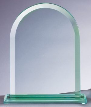 Dome shaped glass award for engraving, mounted on a glass base