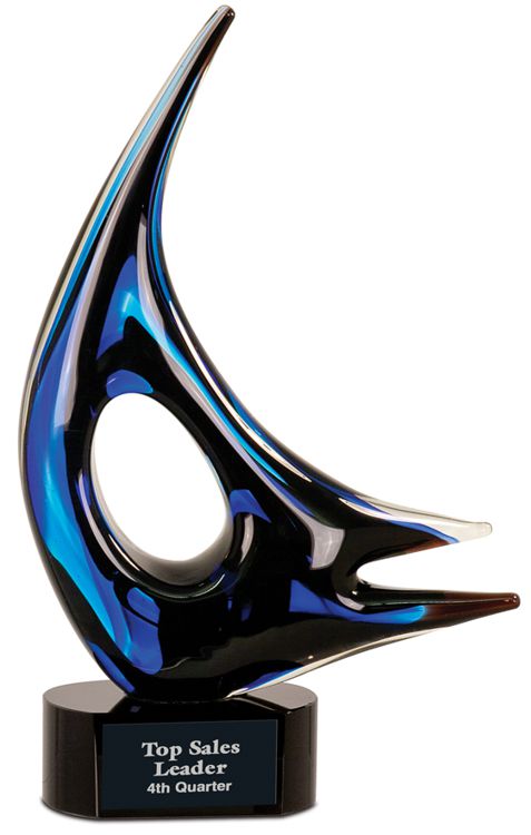 Contemporary art glass sail boat with blue & black colors, mounted on a black glass base, AGS03 is 14.25" tall, weighs 8.5 lbs