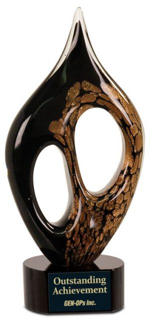 AGS05 Black & Gold Coral Glass Art, Coral Shaped glass piece with black & gold colors mounts on a black glass base