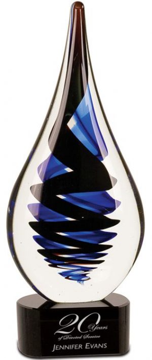AGS26 Black Twist Rain Drop, Raindrop shaped piece of glass with black & blue colors, mounted on black glass base